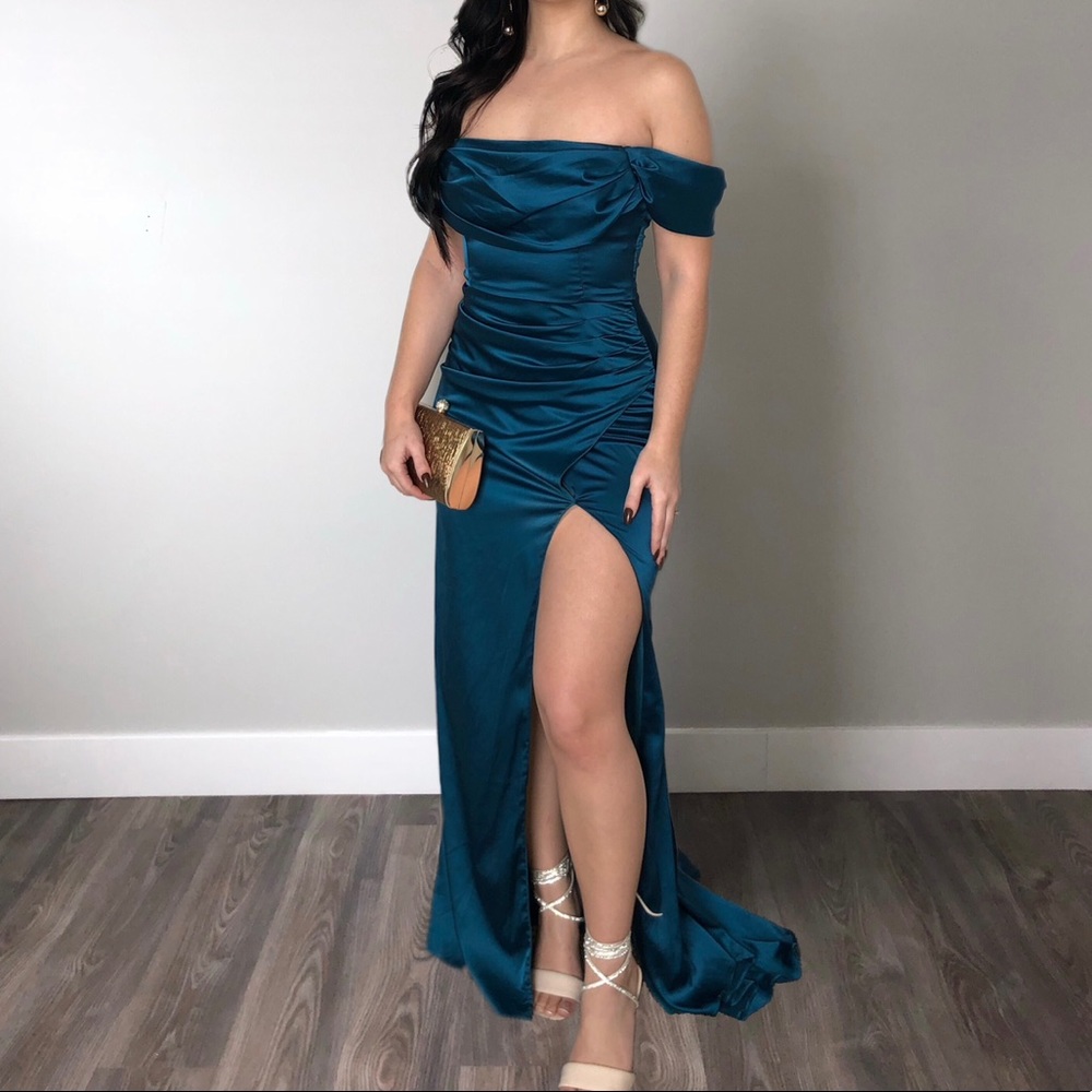 teal satin gown